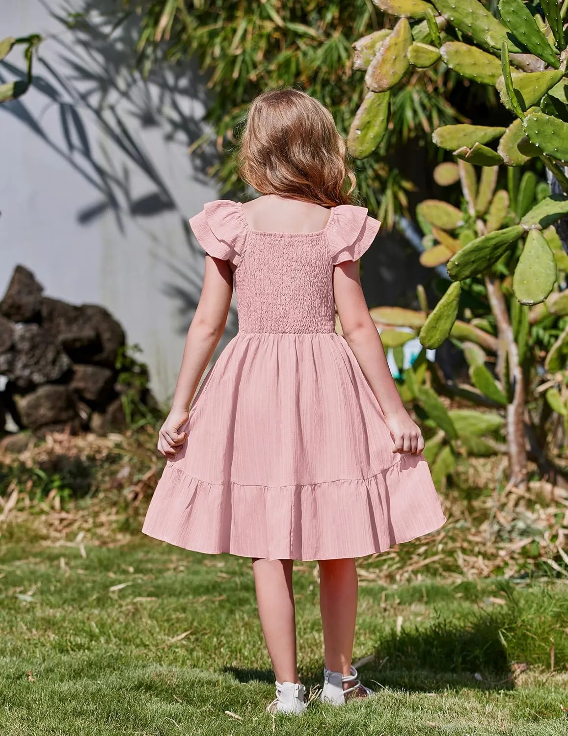 Arshiner Girls Dresses Double Pleated Sleeve Square Neck Off Shoulder Dress
