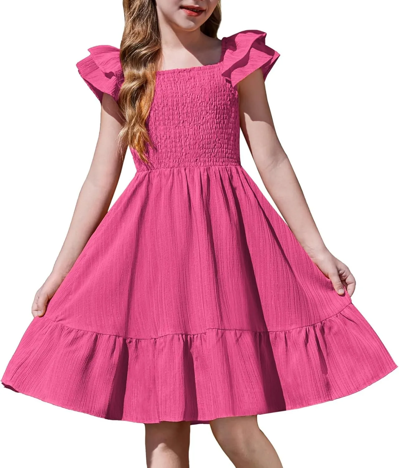 Arshiner Girls Dresses Double Pleated Sleeve Square Neck Off Shoulder Dress