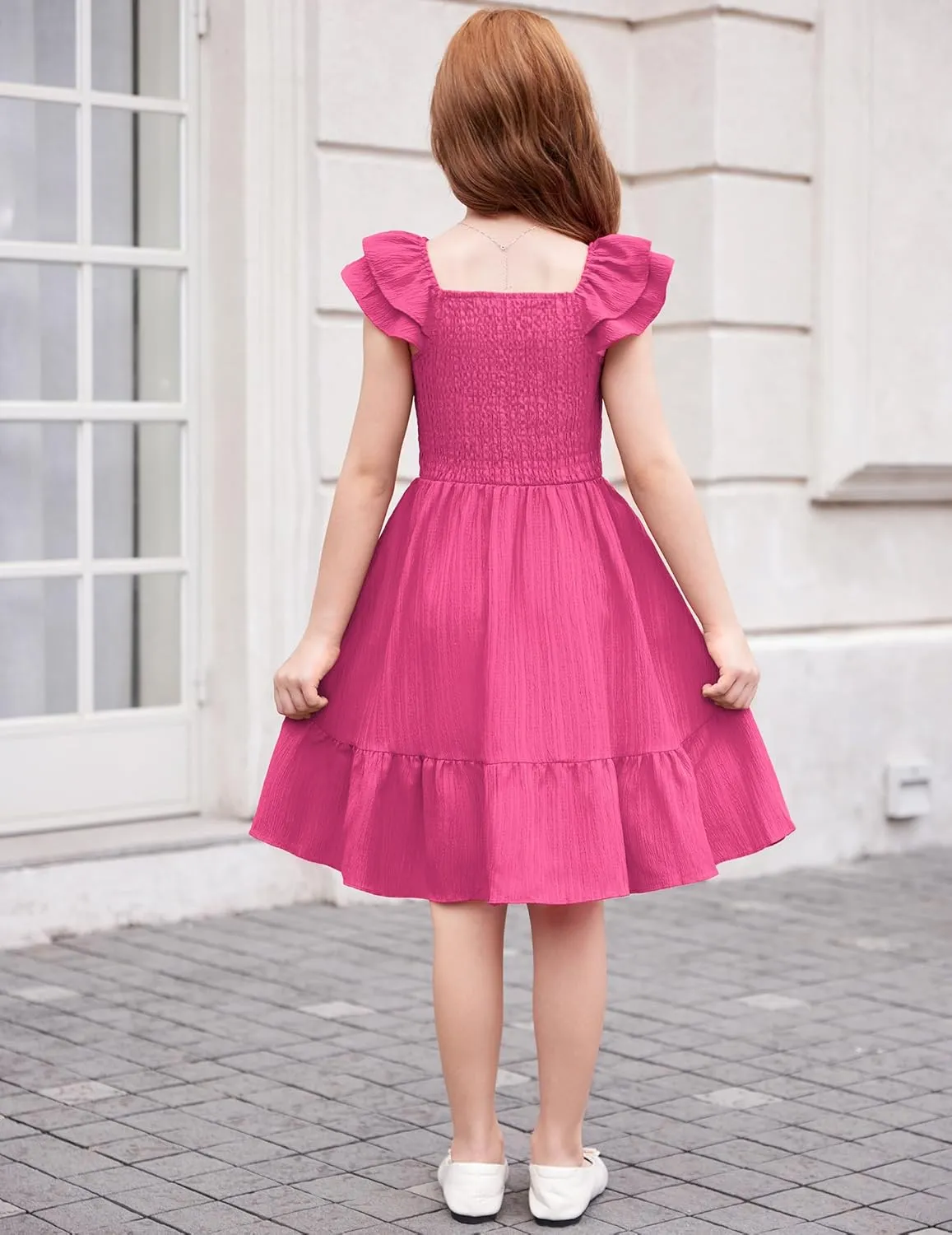 Arshiner Girls Dresses Double Pleated Sleeve Square Neck Off Shoulder Dress