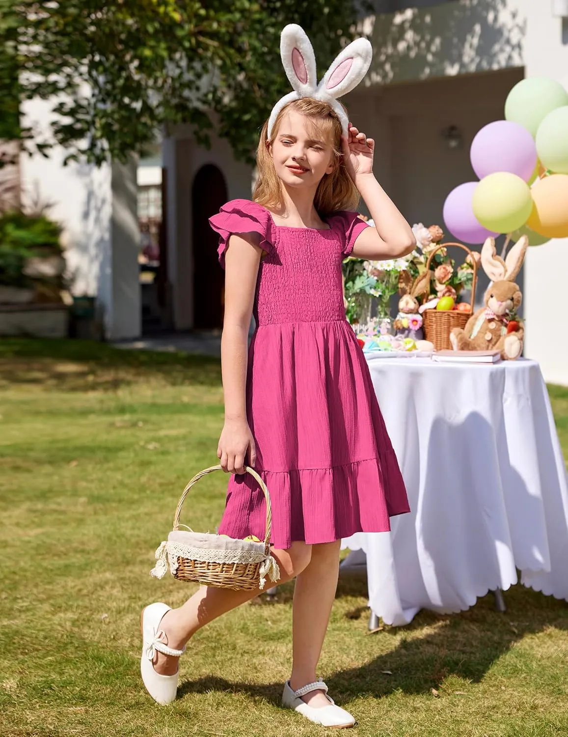 Arshiner Girls Dresses Double Pleated Sleeve Square Neck Off Shoulder Dress