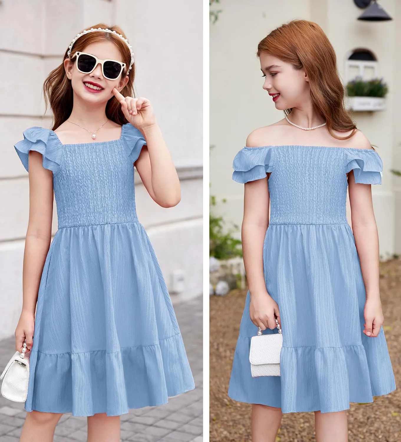 Arshiner Girls Dresses Double Pleated Sleeve Square Neck Off Shoulder Dress