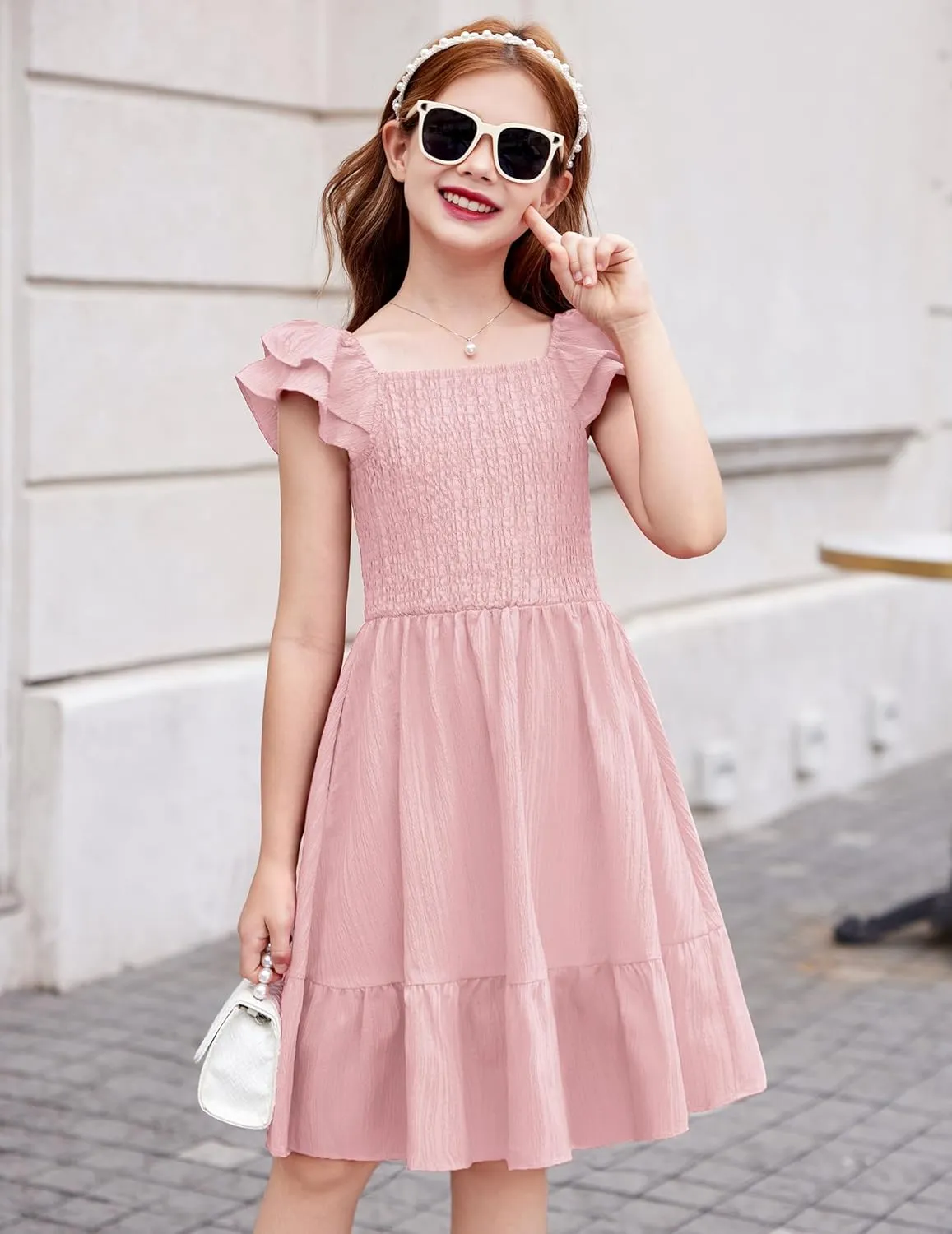 Arshiner Girls Dresses Double Pleated Sleeve Square Neck Off Shoulder Dress