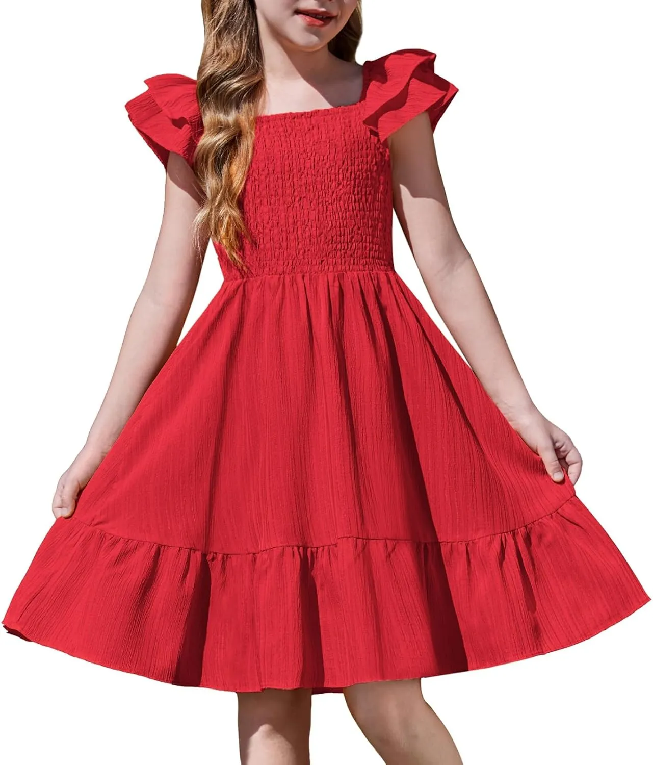 Arshiner Girls Dresses Double Pleated Sleeve Square Neck Off Shoulder Dress