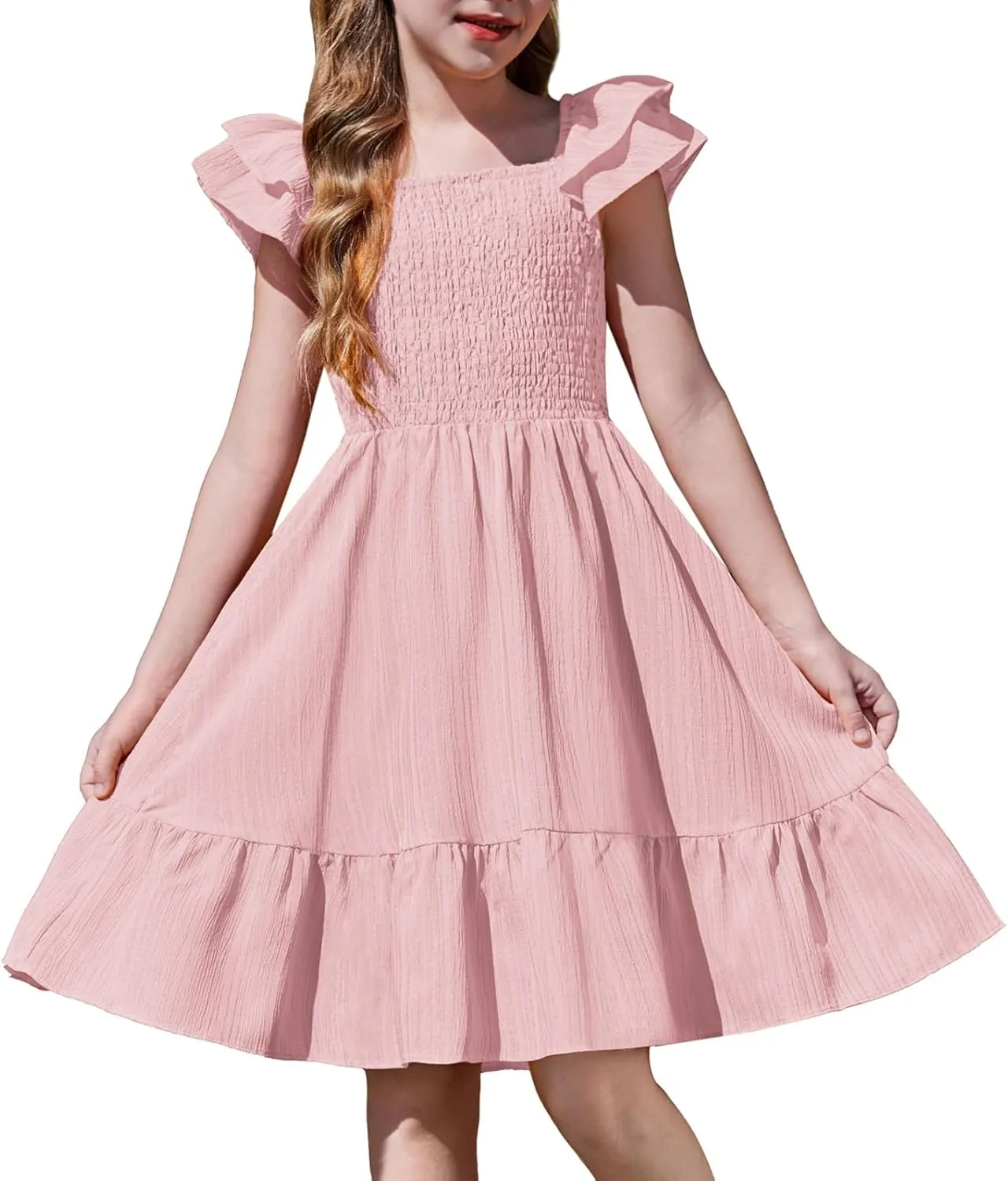 Arshiner Girls Dresses Double Pleated Sleeve Square Neck Off Shoulder Dress