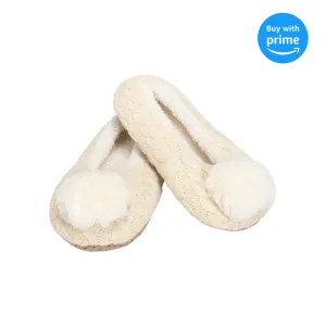 Ballerina Knit Pom Womens Plush Lined Cozy Non Slip Indoor Soft Slipper - Cream, Small