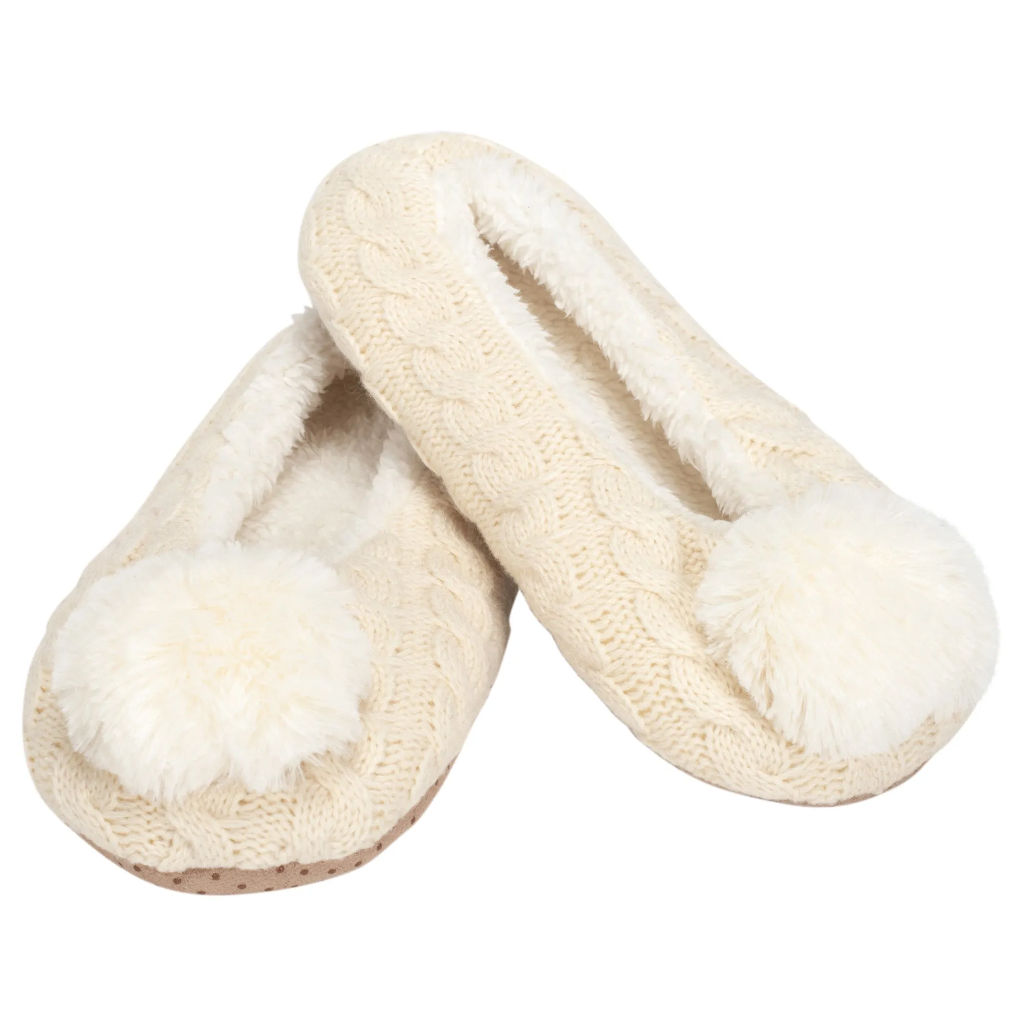 Ballerina Knit Pom Womens Plush Lined Cozy Non Slip Indoor Soft Slipper - Cream, Small
