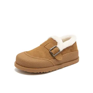 BeauToday Plush Lined Flat Shoes Buckle Strap Fuzzy Flats Round Toe Slip-on Casual Flat Shoes for Women