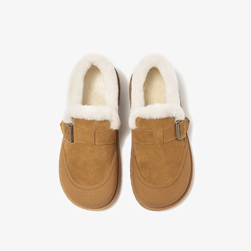 BeauToday Plush Lined Flat Shoes Buckle Strap Fuzzy Flats Round Toe Slip-on Casual Flat Shoes for Women