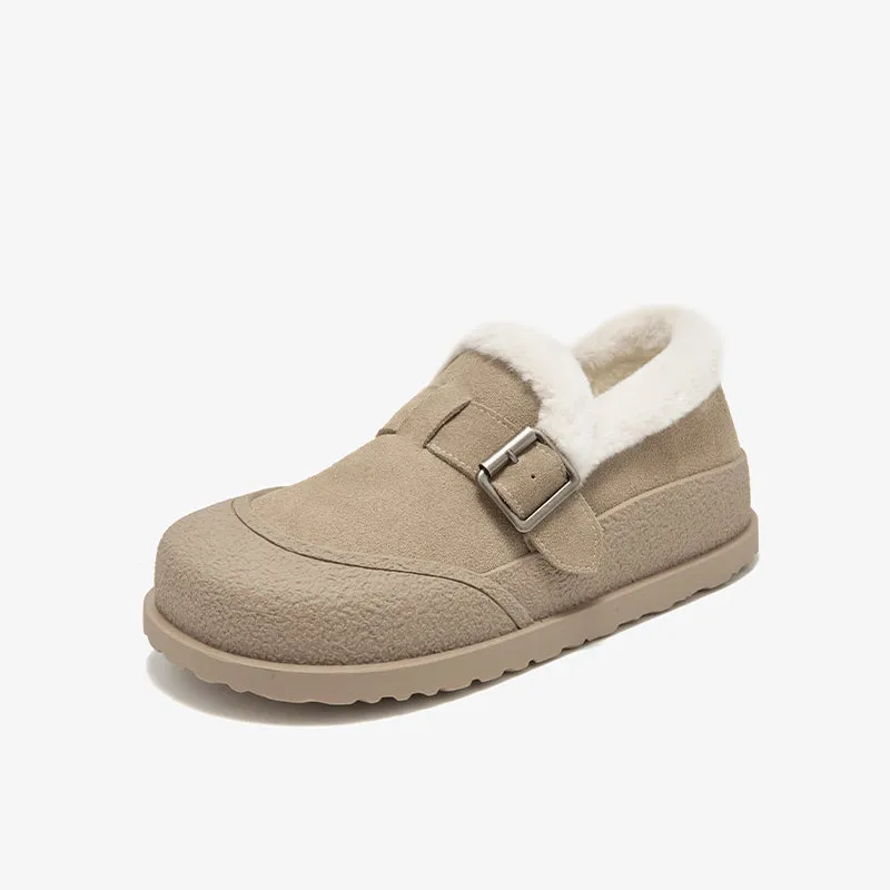 BeauToday Plush Lined Flat Shoes Buckle Strap Fuzzy Flats Round Toe Slip-on Casual Flat Shoes for Women