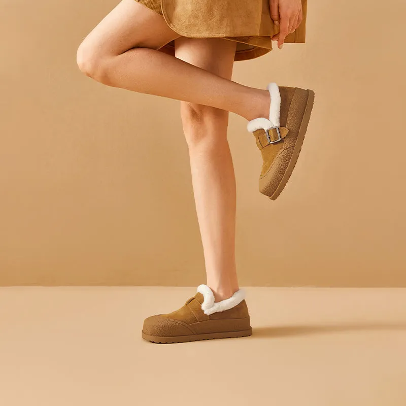 BeauToday Plush Lined Flat Shoes Buckle Strap Fuzzy Flats Round Toe Slip-on Casual Flat Shoes for Women