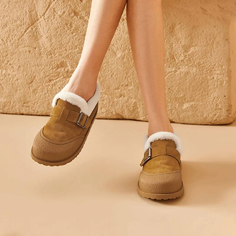 BeauToday Plush Lined Flat Shoes Buckle Strap Fuzzy Flats Round Toe Slip-on Casual Flat Shoes for Women