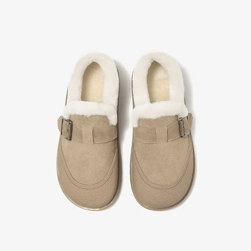 BeauToday Plush Lined Flat Shoes Buckle Strap Fuzzy Flats Round Toe Slip-on Casual Flat Shoes for Women