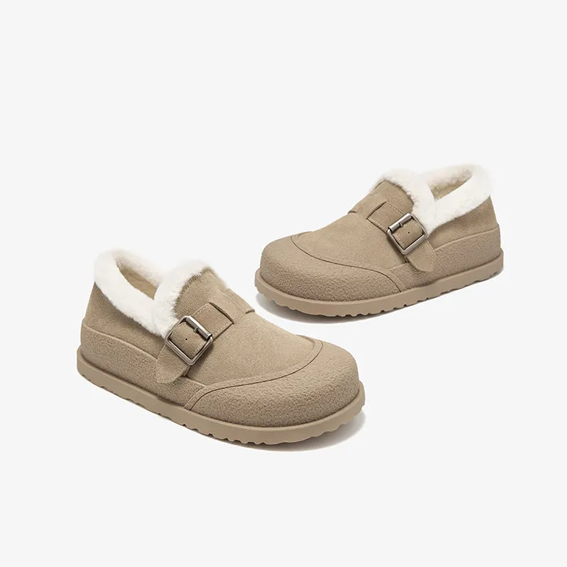 BeauToday Plush Lined Flat Shoes Buckle Strap Fuzzy Flats Round Toe Slip-on Casual Flat Shoes for Women