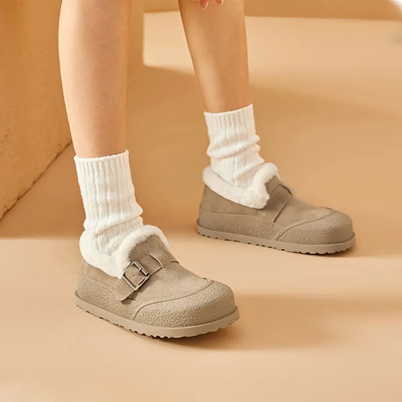 BeauToday Plush Lined Flat Shoes Buckle Strap Fuzzy Flats Round Toe Slip-on Casual Flat Shoes for Women