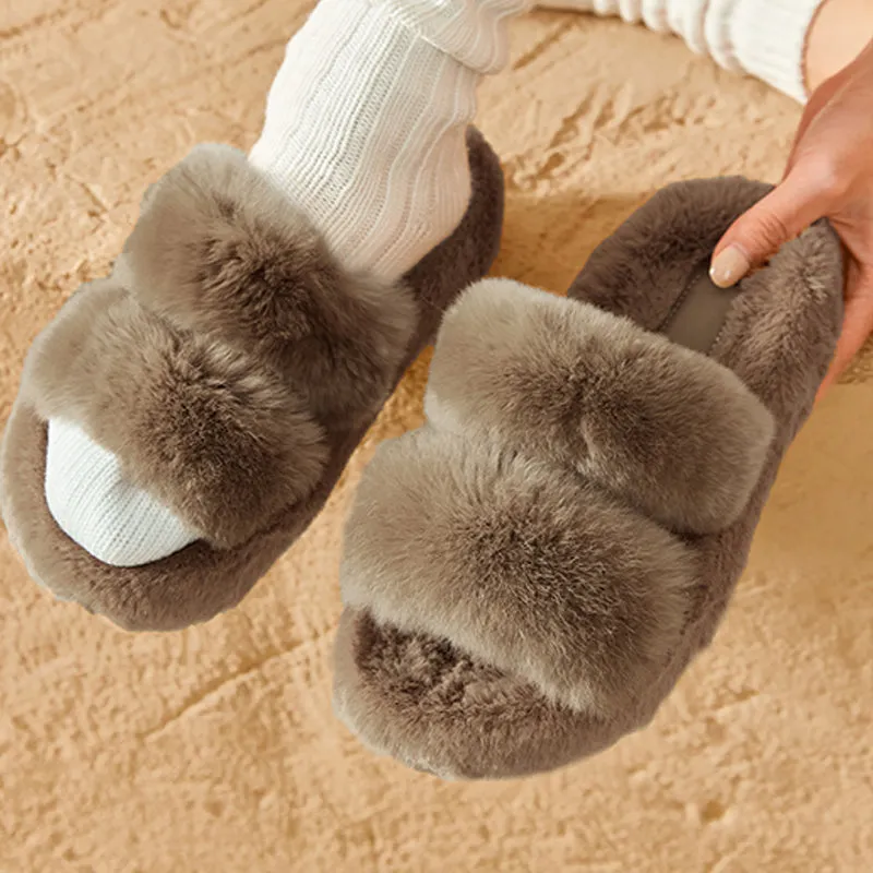 BeauToday Pure Color Soft Rabbit Fur Platform Slouchy Slippers for Women  at Home or Outing