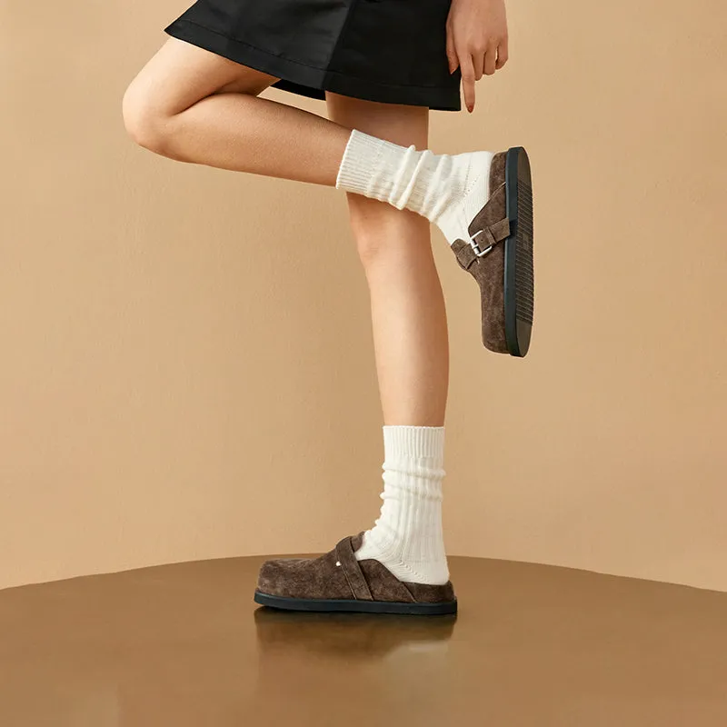 BeauToday Round Toe Cozy Cow Suede  Slip-on Sippers for Women with Adjustable Buckle Strap