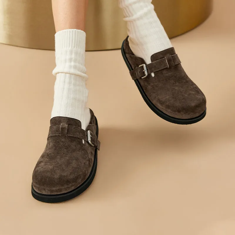BeauToday Round Toe Cozy Cow Suede  Slip-on Sippers for Women with Adjustable Buckle Strap