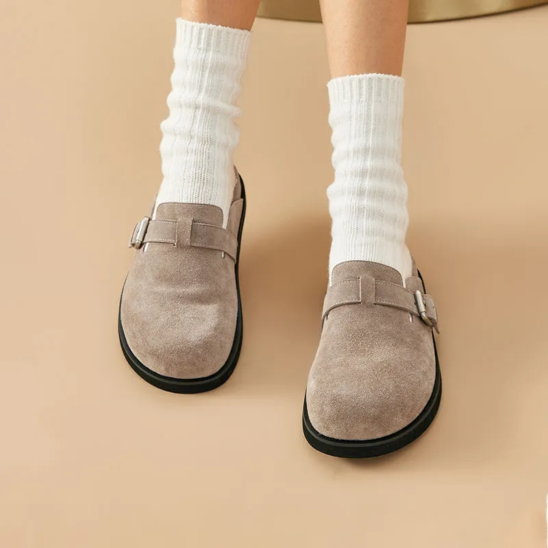 BeauToday Round Toe Cozy Cow Suede  Slip-on Sippers for Women with Adjustable Buckle Strap