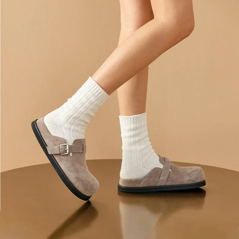 BeauToday Round Toe Cozy Cow Suede  Slip-on Sippers for Women with Adjustable Buckle Strap