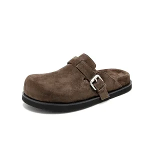 BeauToday Round Toe Cozy Cow Suede  Slip-on Sippers for Women with Adjustable Buckle Strap