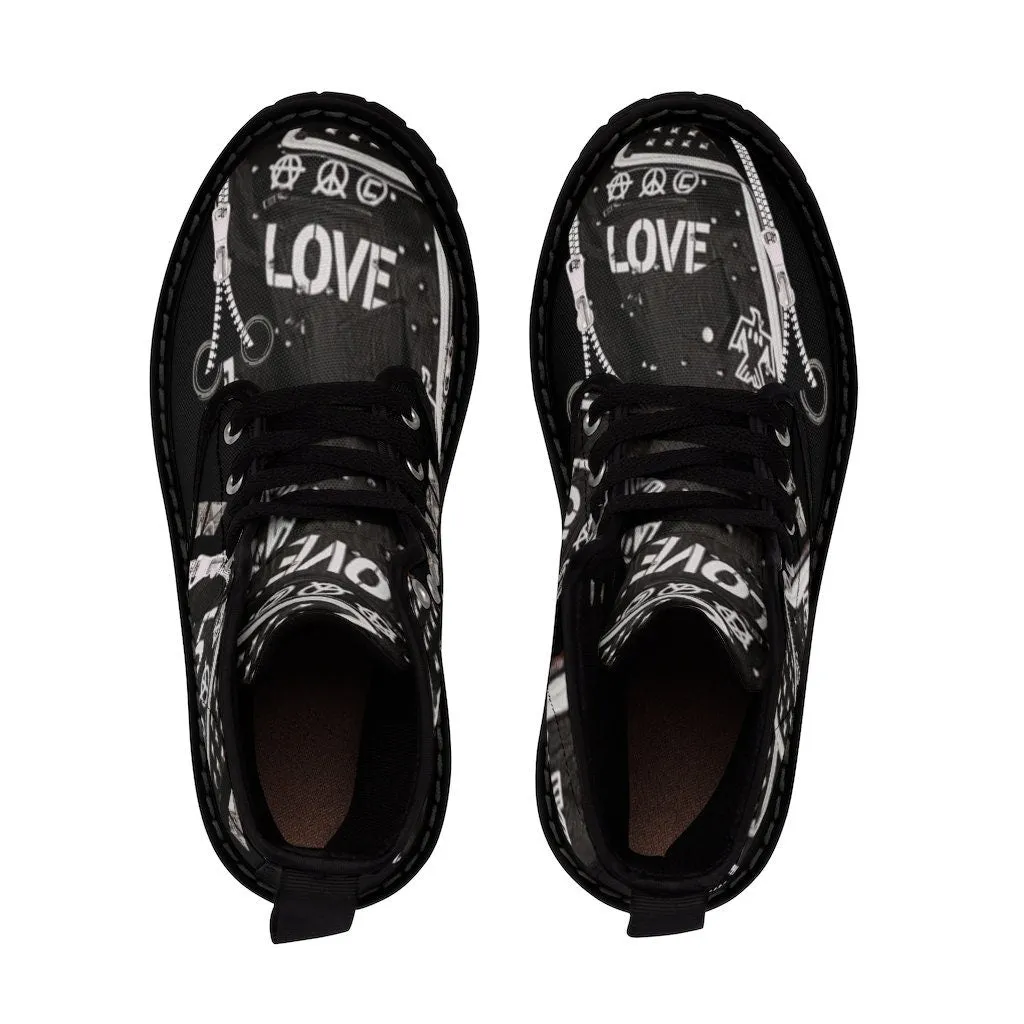 Biker Love Notes Studs Zips Canvas Boots,Casual Hiking/Walking Boots,Christmas/Thanksgiving/Birthday/His/Hers/Couple/Anniversary/Graduation