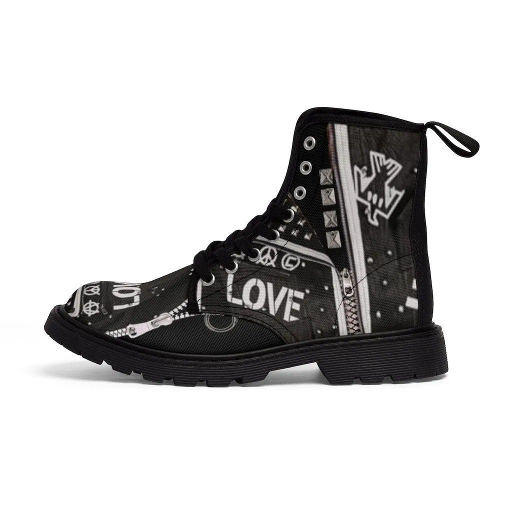 Biker Love Notes Studs Zips Canvas Boots,Casual Hiking/Walking Boots,Christmas/Thanksgiving/Birthday/His/Hers/Couple/Anniversary/Graduation