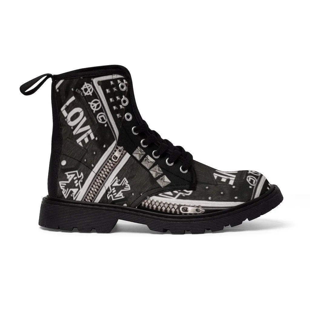 Biker Love Notes Studs Zips Canvas Boots,Casual Hiking/Walking Boots,Christmas/Thanksgiving/Birthday/His/Hers/Couple/Anniversary/Graduation