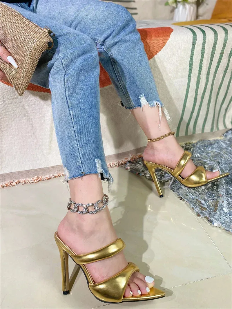 binfenxie  Sexy Pointed Toe Golded High Heels Women Slippers Cozy PU Leather Summer Party Banquet Shoes Ladies Sandalias