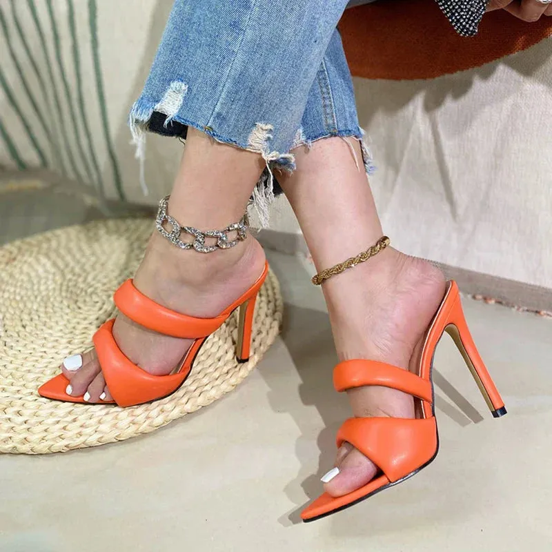binfenxie  Sexy Pointed Toe Golded High Heels Women Slippers Cozy PU Leather Summer Party Banquet Shoes Ladies Sandalias