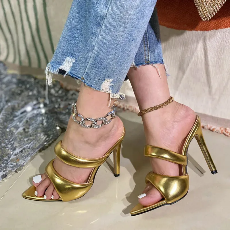 binfenxie  Sexy Pointed Toe Golded High Heels Women Slippers Cozy PU Leather Summer Party Banquet Shoes Ladies Sandalias