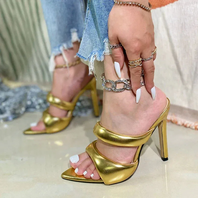 binfenxie  Sexy Pointed Toe Golded High Heels Women Slippers Cozy PU Leather Summer Party Banquet Shoes Ladies Sandalias
