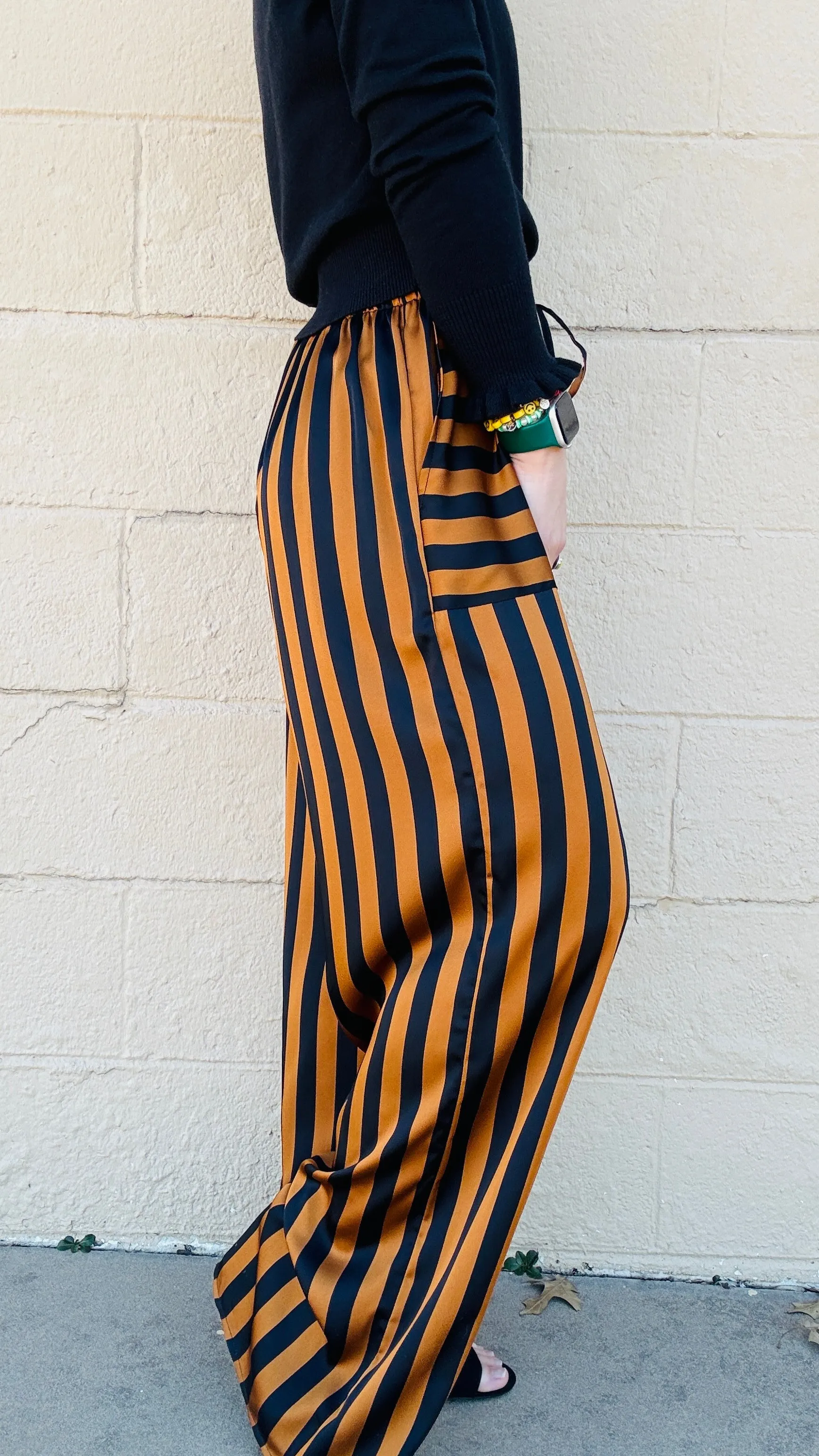 Black & Camel Striped Satin Pants