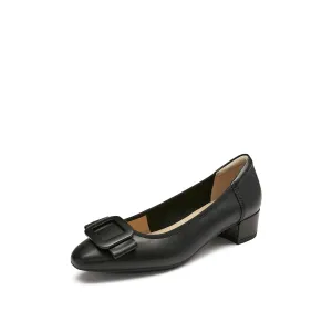 Black Bow Buckle Leather Heeled Pumps