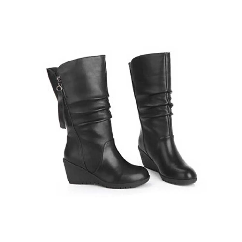 Black Mid Calf Boots for Women Wedges Heel Warm Zipper Boots