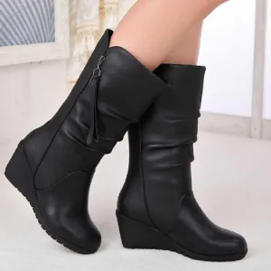 Black Mid Calf Boots for Women Wedges Heel Warm Zipper Boots
