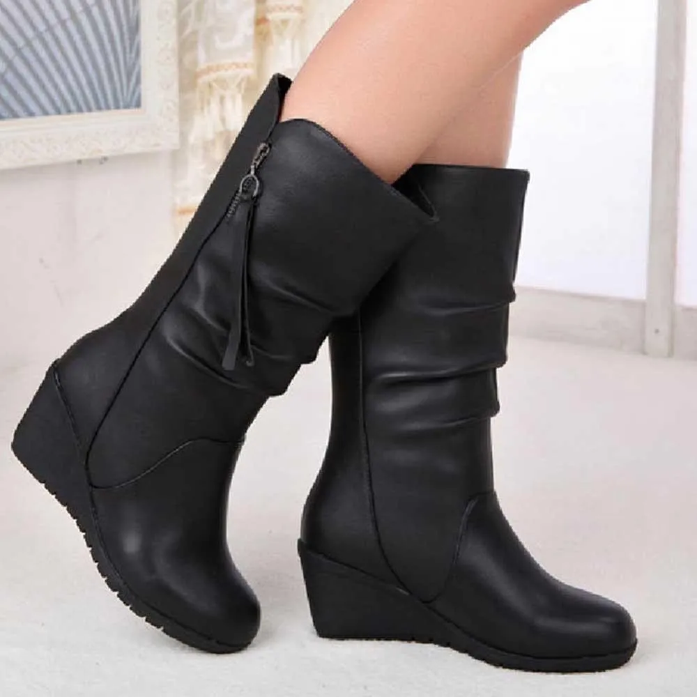Black Mid Calf Boots for Women Wedges Heel Warm Zipper Boots