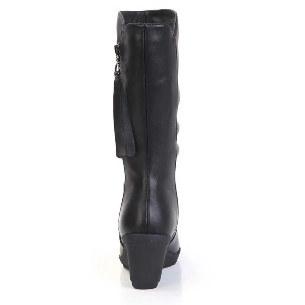 Black Mid Calf Boots for Women Wedges Heel Warm Zipper Boots