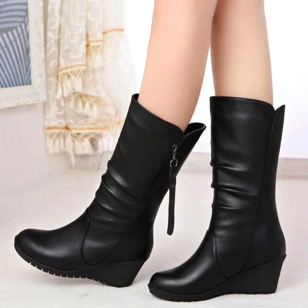 Black Mid Calf Boots for Women Wedges Heel Warm Zipper Boots