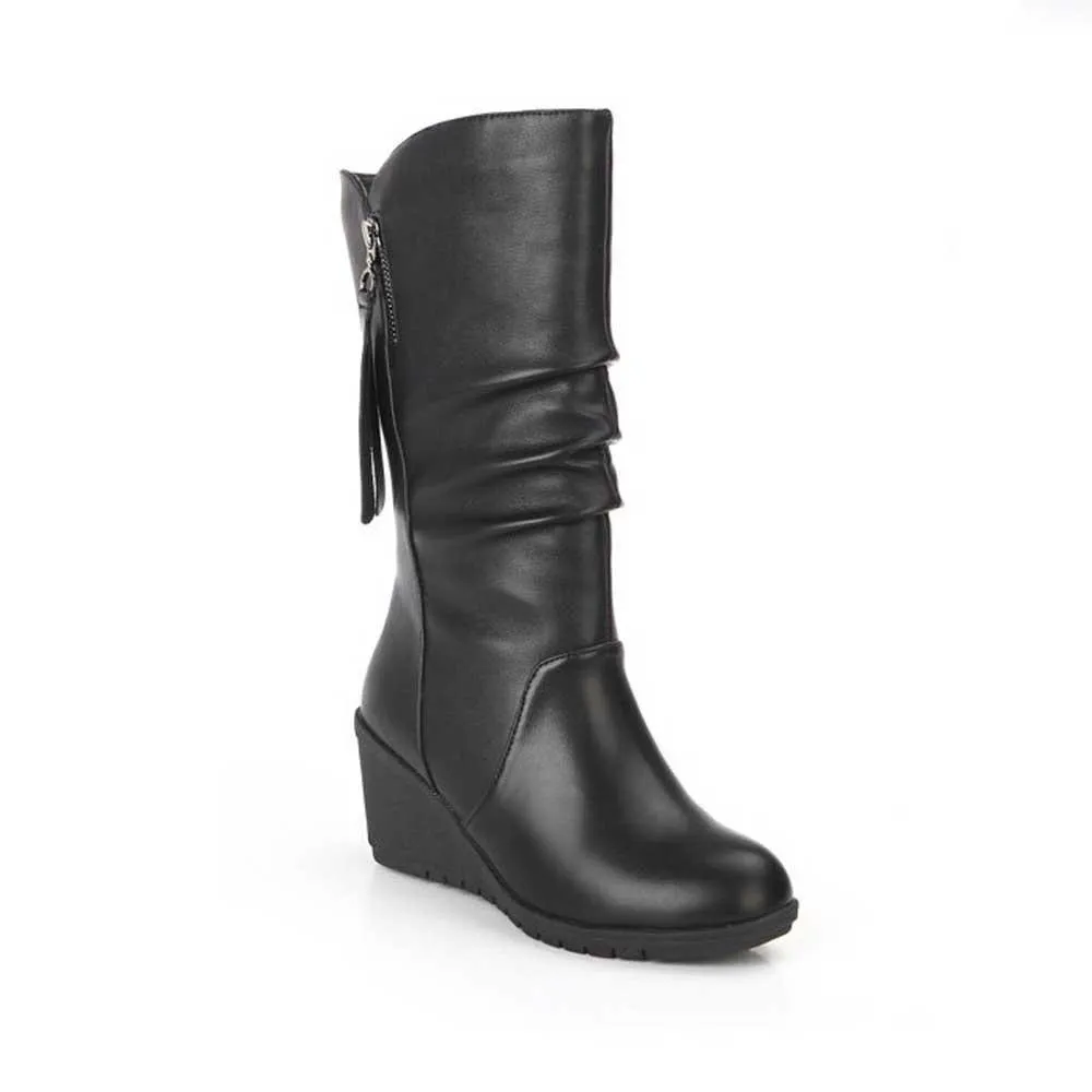 Black Mid Calf Boots for Women Wedges Heel Warm Zipper Boots
