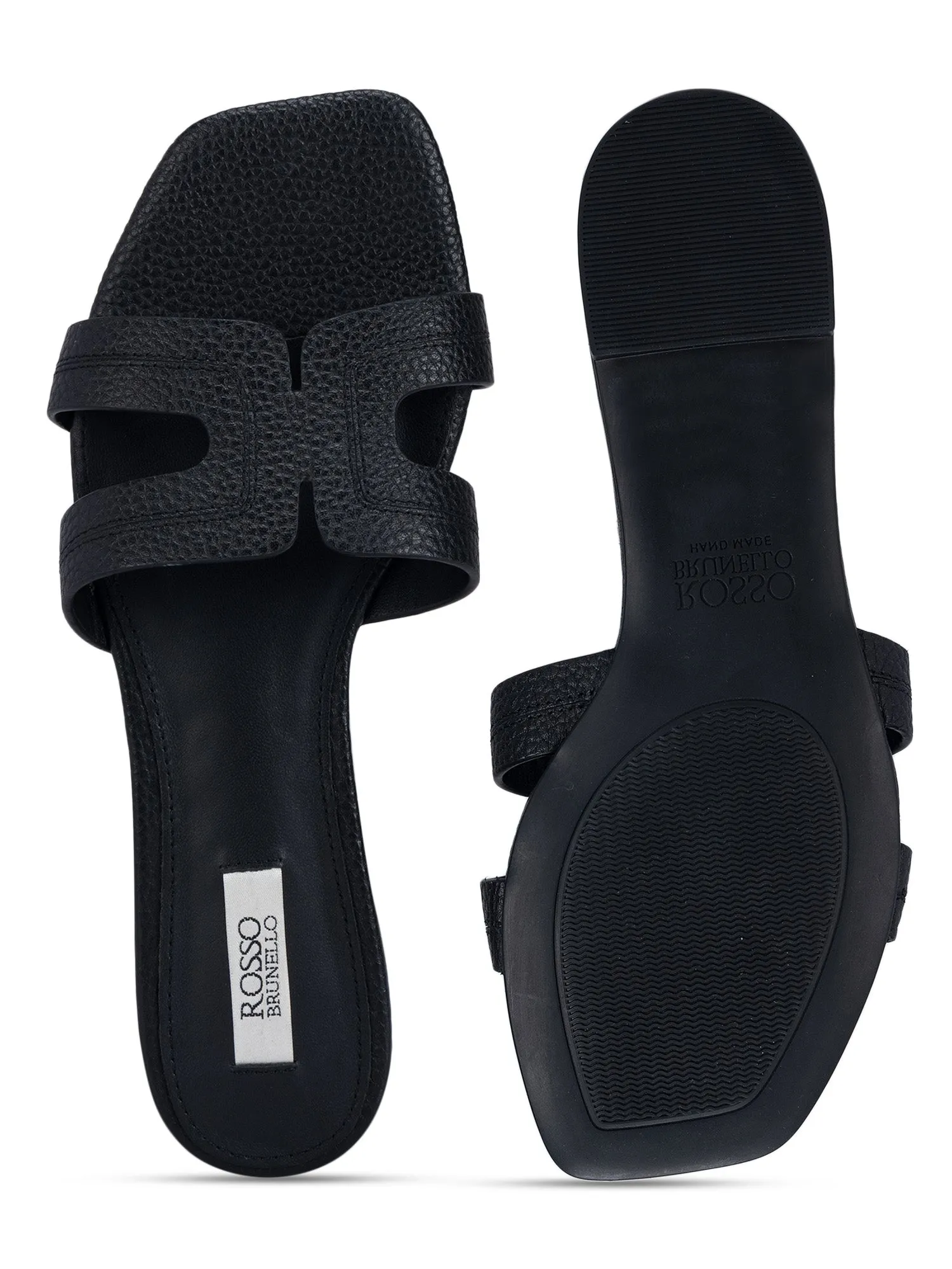 Black Textured Leather Sliders