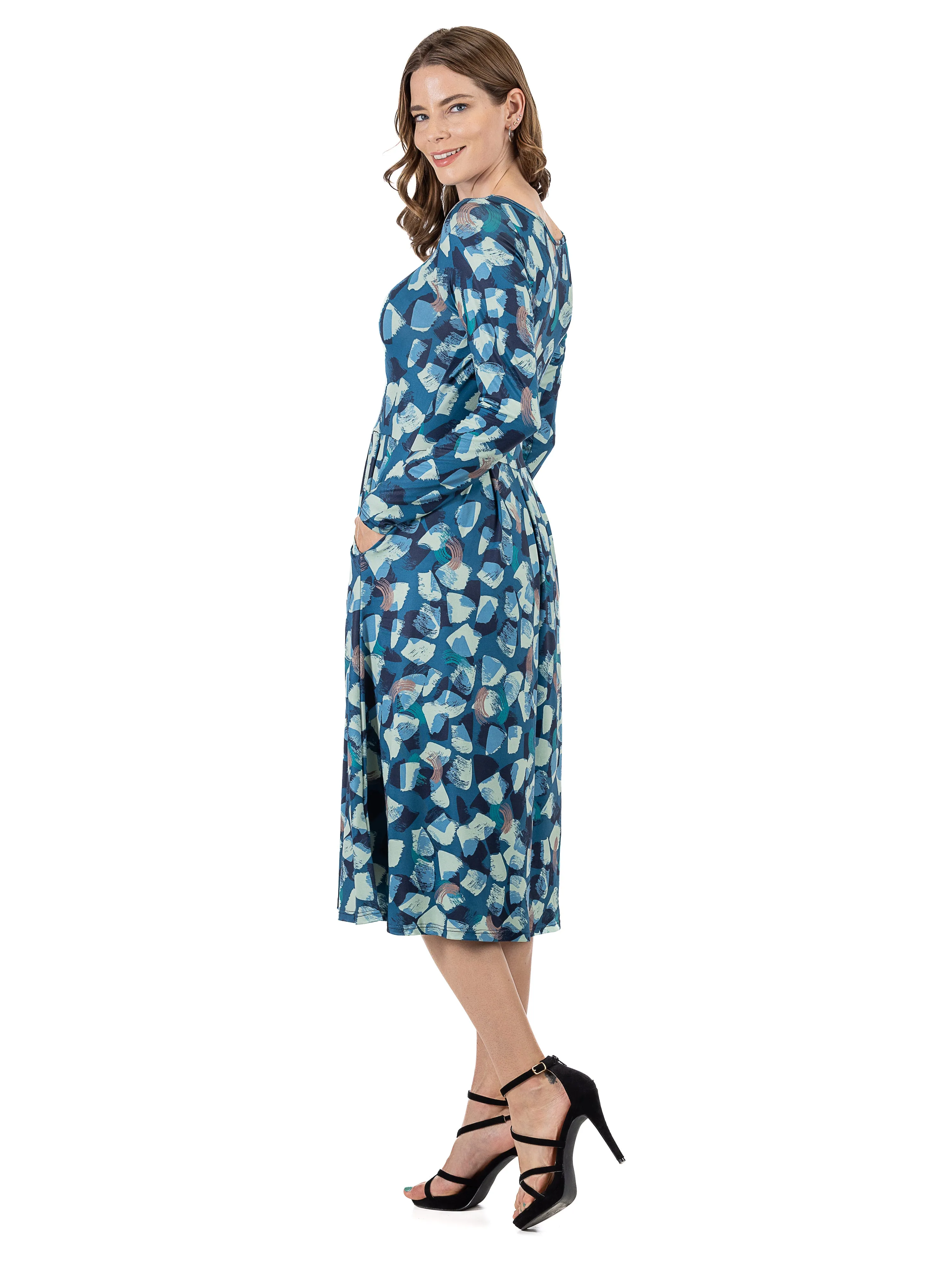Blue Brushstroke Print Long Sleeve Pleated Midi Dress with Pockets