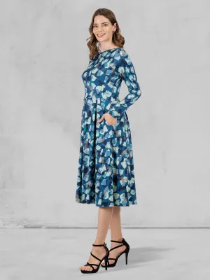 Blue Brushstroke Print Long Sleeve Pleated Midi Dress with Pockets