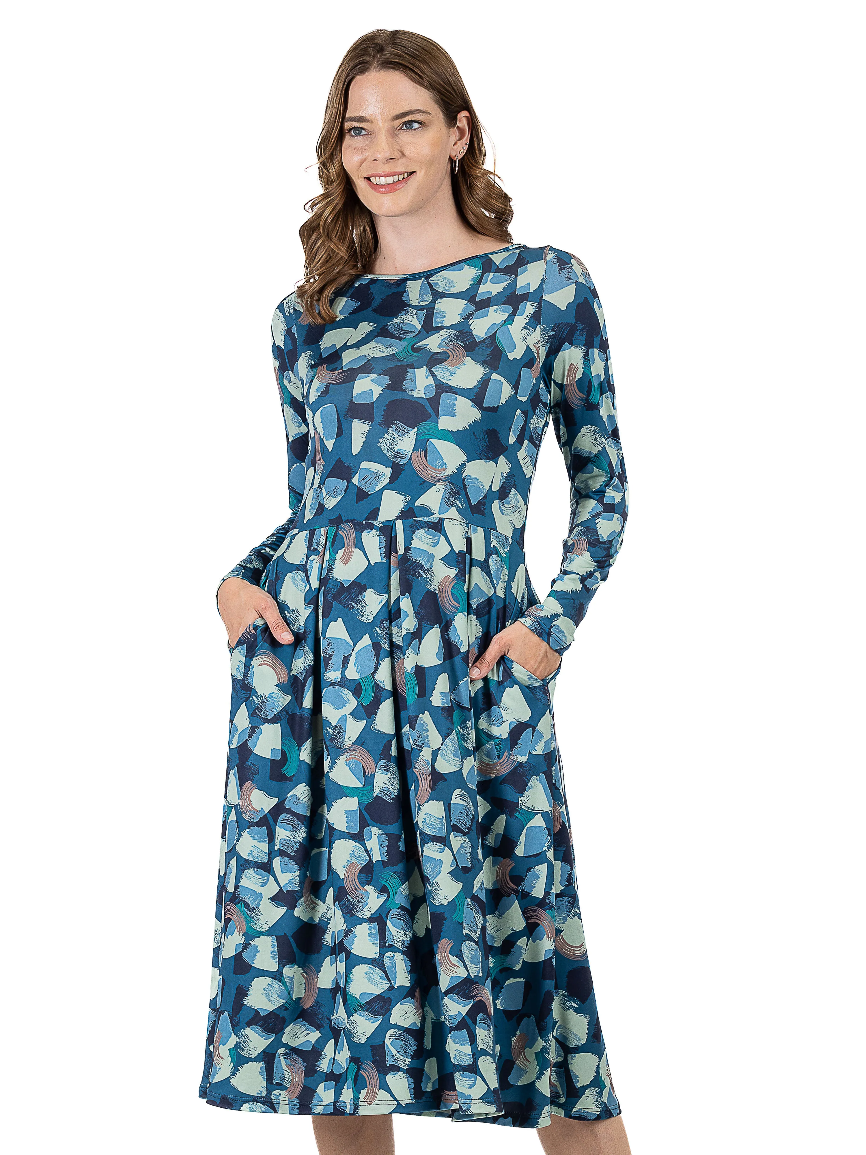 Blue Brushstroke Print Long Sleeve Pleated Midi Dress with Pockets