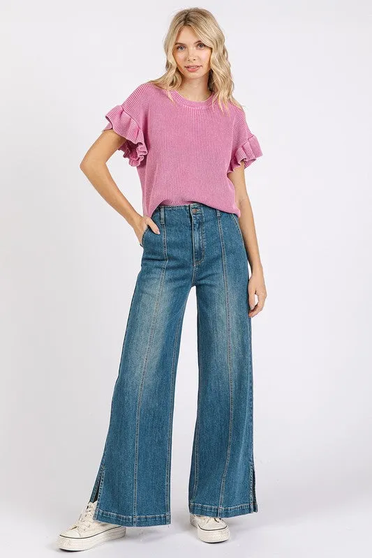 Blue Medium Wash Seam Detail Wide Leg Denim Jeans