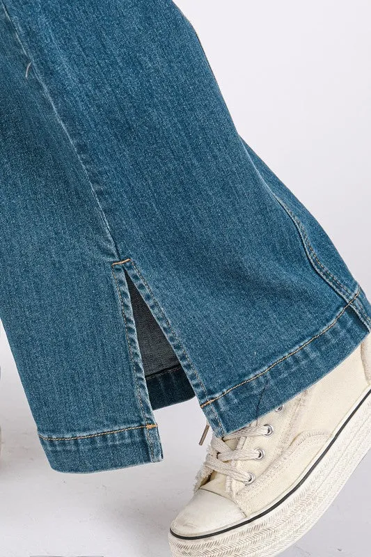Blue Medium Wash Seam Detail Wide Leg Denim Jeans
