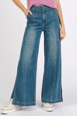 Blue Medium Wash Seam Detail Wide Leg Denim Jeans