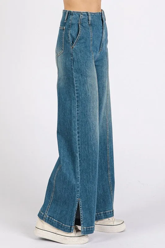 Blue Medium Wash Seam Detail Wide Leg Denim Jeans