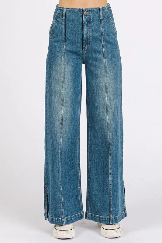 Blue Medium Wash Seam Detail Wide Leg Denim Jeans