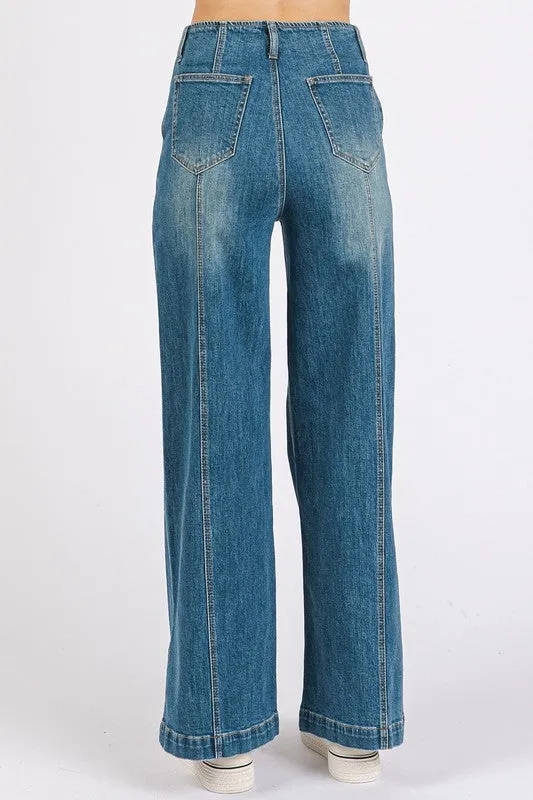 Blue Medium Wash Seam Detail Wide Leg Denim Jeans