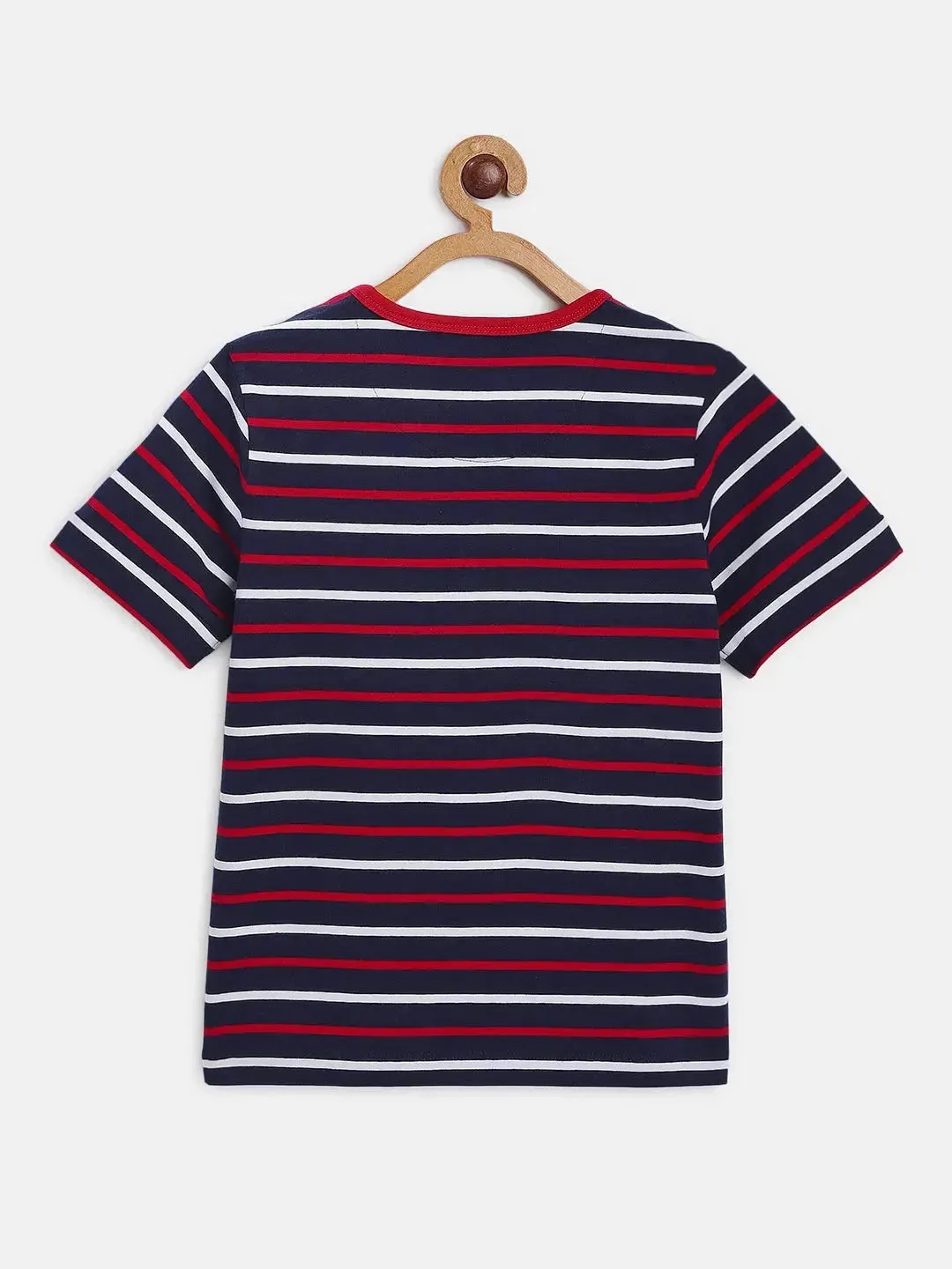 Blue Striped Round Neck Cotton T-shirt
